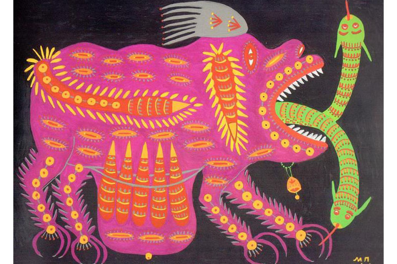 Pink elephant with yellow markings. Two snakes are coming out of the elephant's mouth