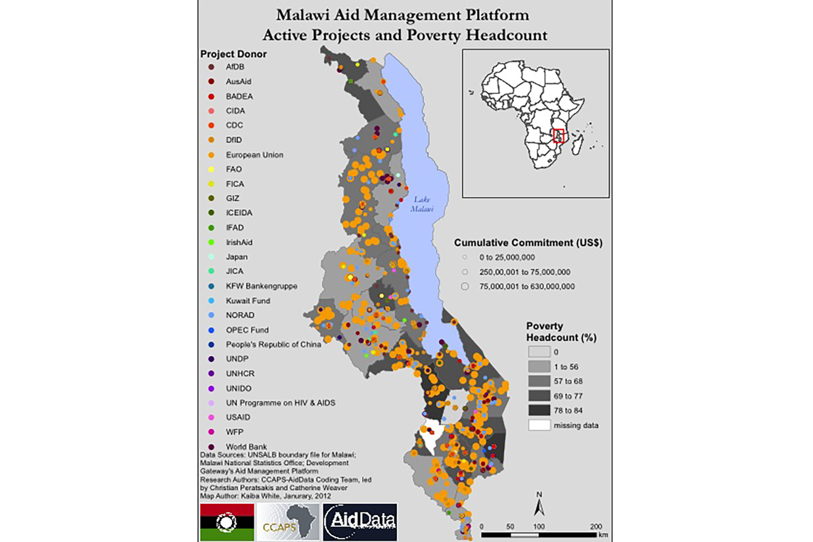 Map of Malawi with locations of aid organizations
