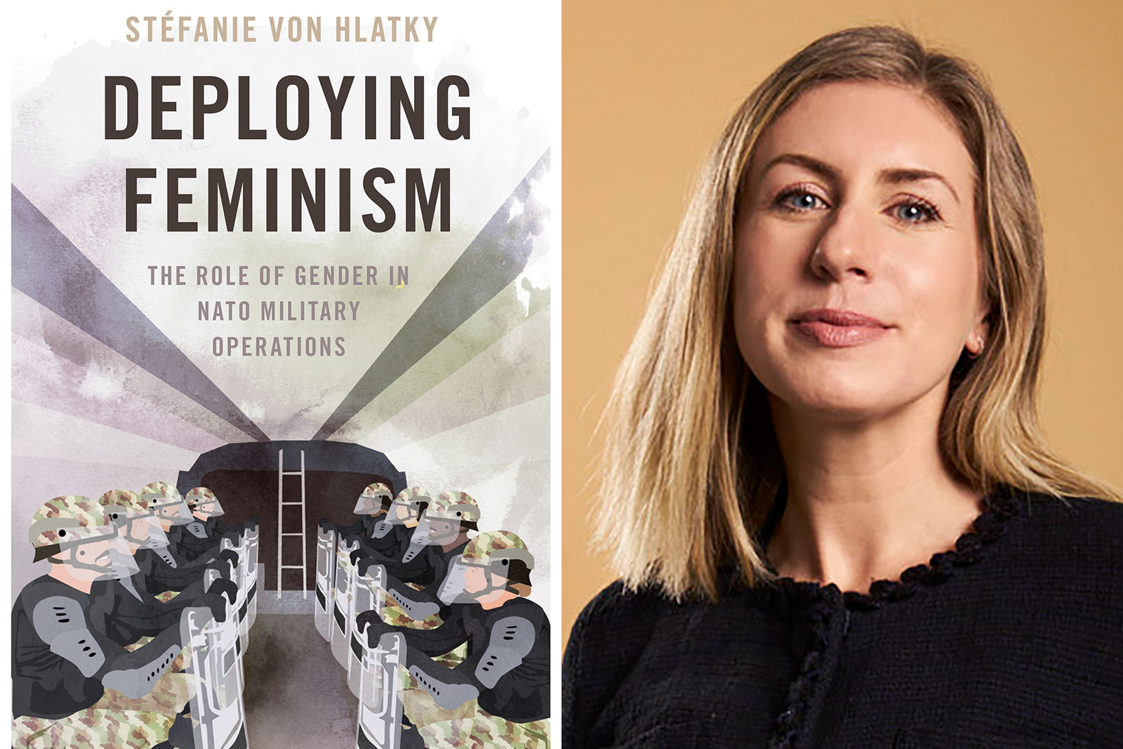 Book cover beside photo of Stefanie van Hlatky. Book cover is an image of soldiers sitting on either side of aircraft with the title covering the roof.