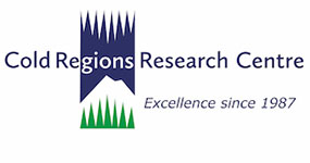 Cold Regions Research Centre logo with blue spikes above a white outline of a mountain with green simple triangular trees in front of the white mountain.