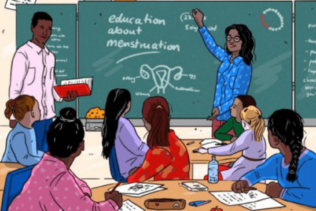Illustration from Habitat for Humanity of a school class learning about Menstruation