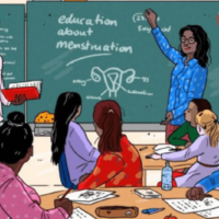 Illustration from Habitat for Humanity of a school class learning about Menstruation