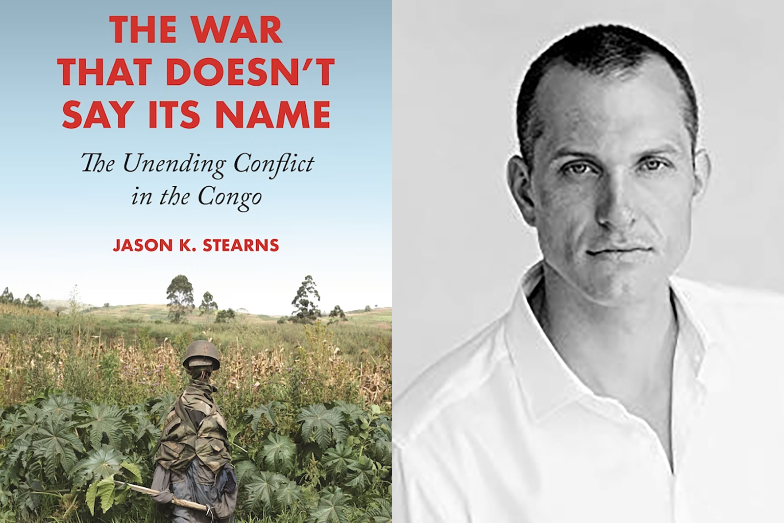 Book cover with a soldiers walking through a green field with a blue sky beside a photo of Jason Stearn.