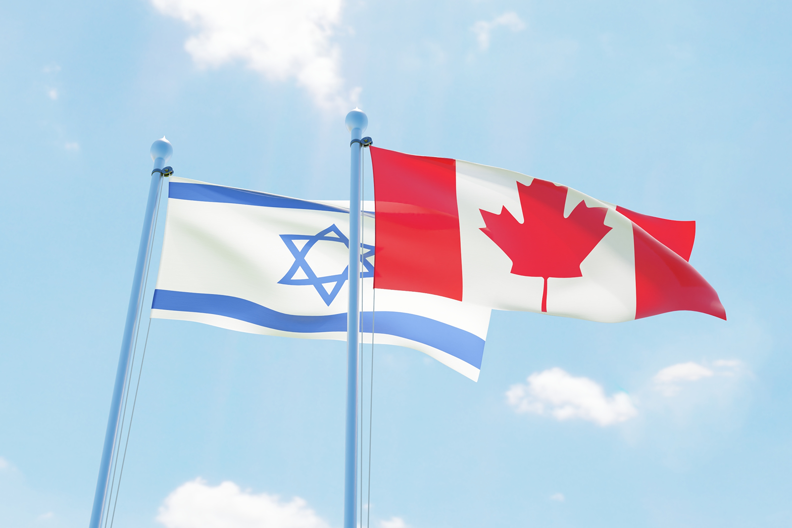 Israel and Canada flags on flag poles with a blue sky in the background.