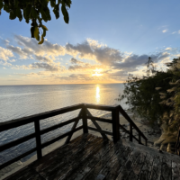 Photo of sunset over the water with a wooden staircase in the foreground