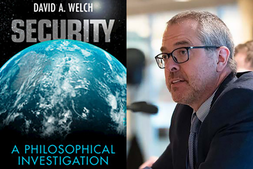 Security book cover with image of Earth on a black background. A photo of David Welch is beside the book cover.