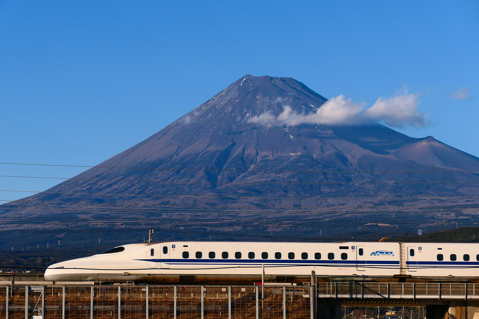The Tokaido Shinkansen high-speed line in Japan, with Mount Fuji in the background.
