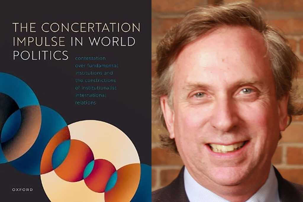 Andy Cooper beside the book cover for "The concertation impulse in world politics"