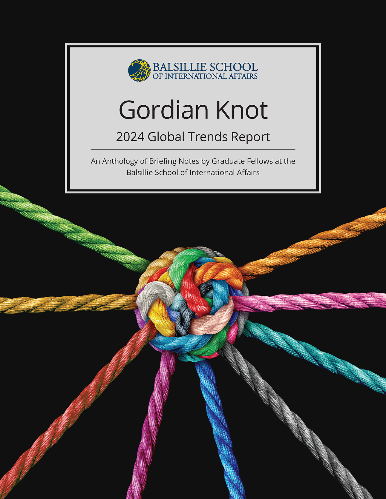 Anthology cover displaying a gordian knot with different coloured rope on a black background.