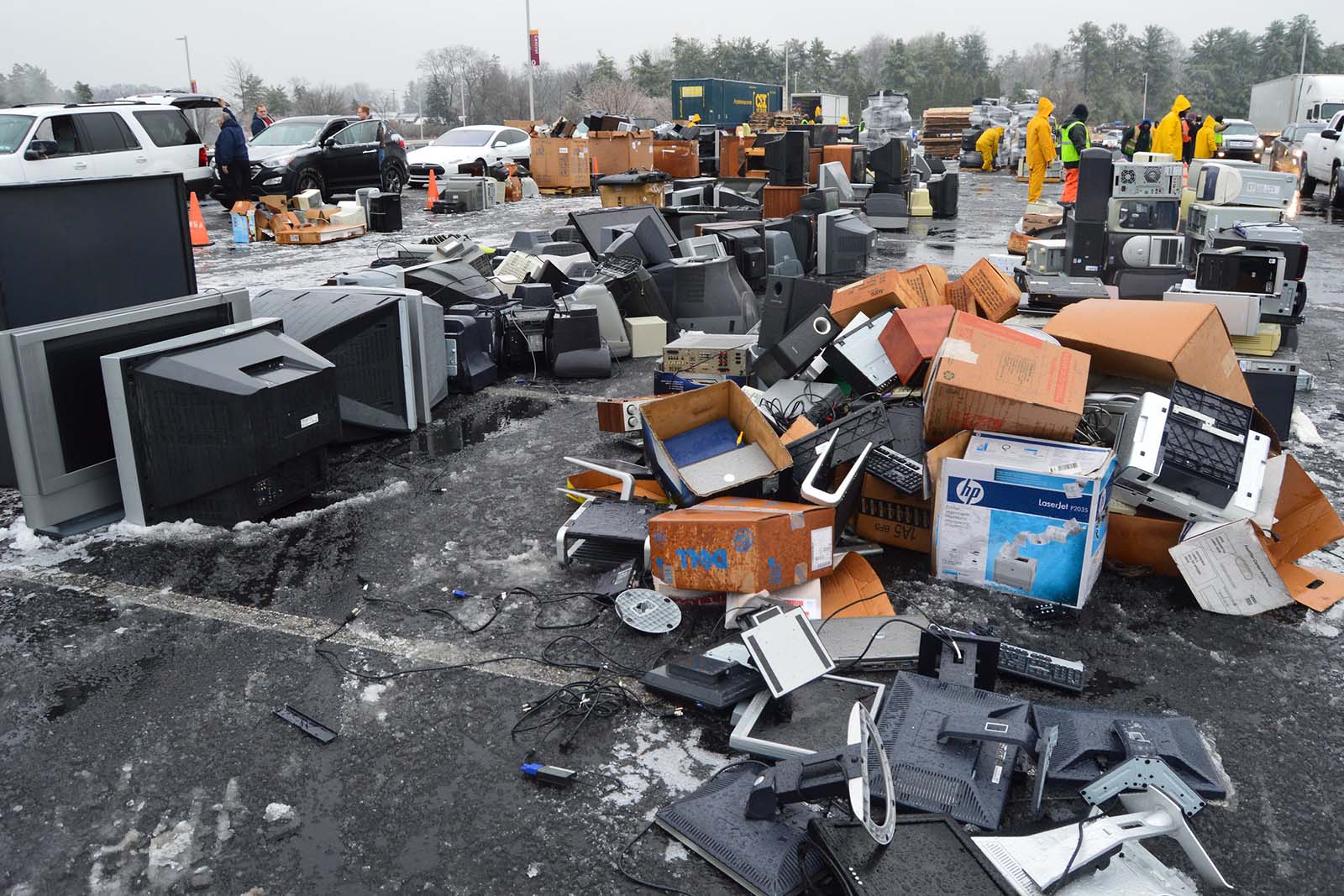 Piles of electronic garbage in a dump.