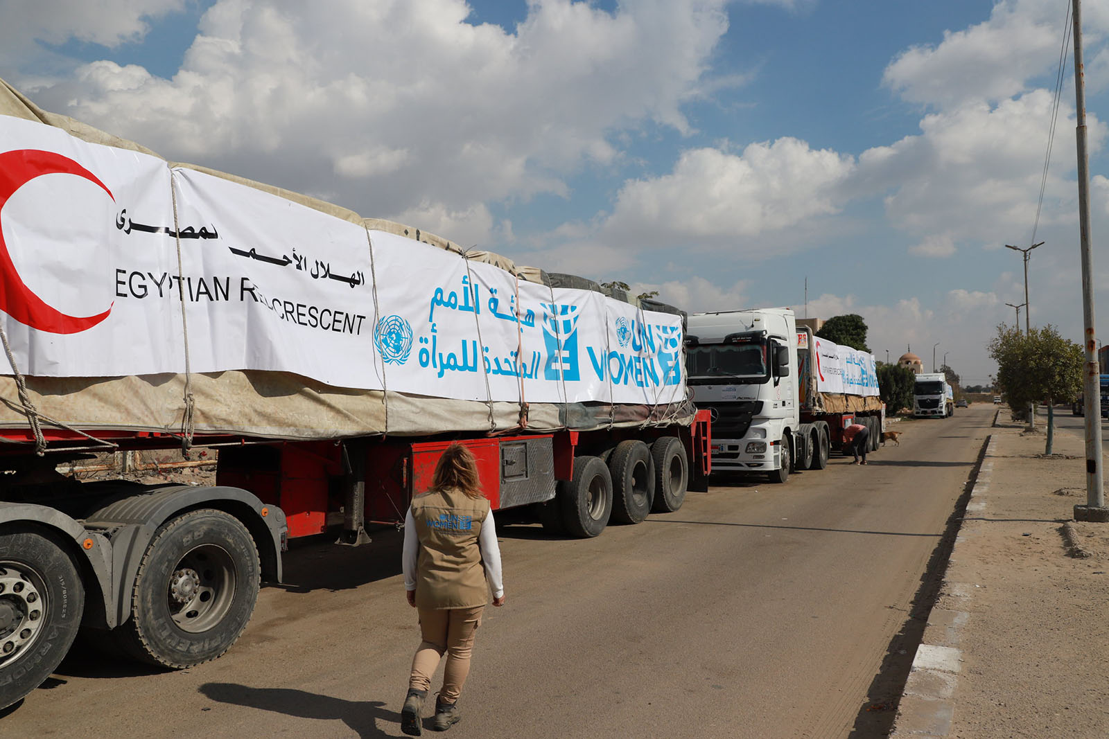 Convoy of trucks in a row with UN and Red Crescent logos on the side of the truck.