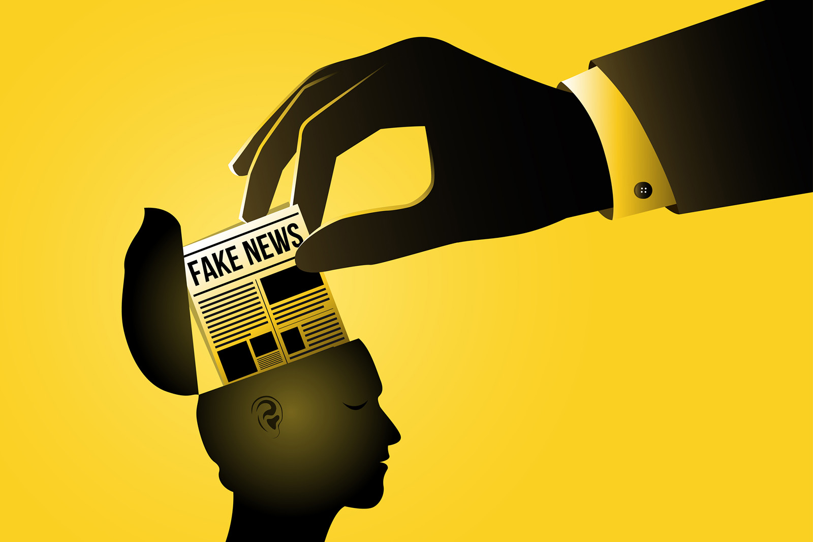 Graphic of a hand putting fake news into someone's head